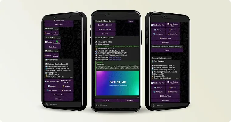Solana sniper bot Telegram interface with trade settings